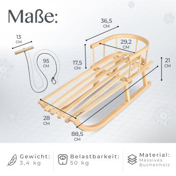 BAMBINIWELT Holzschlitten, Kinderschlitten mit Rückenlehne + Zugleine aus Holz